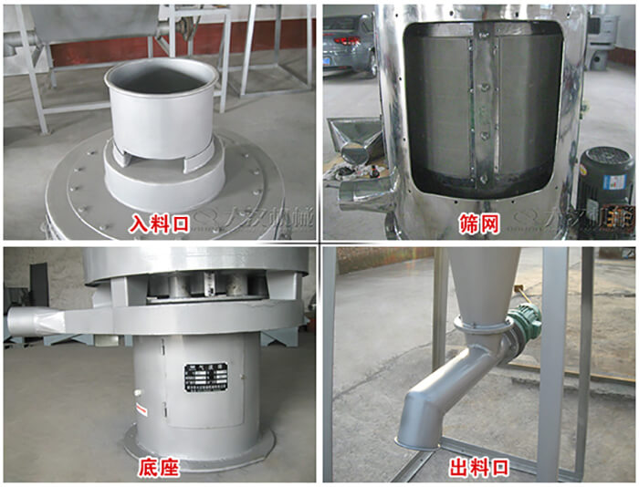 氣流篩部件展示：入料口，篩網，底座，出料口等。