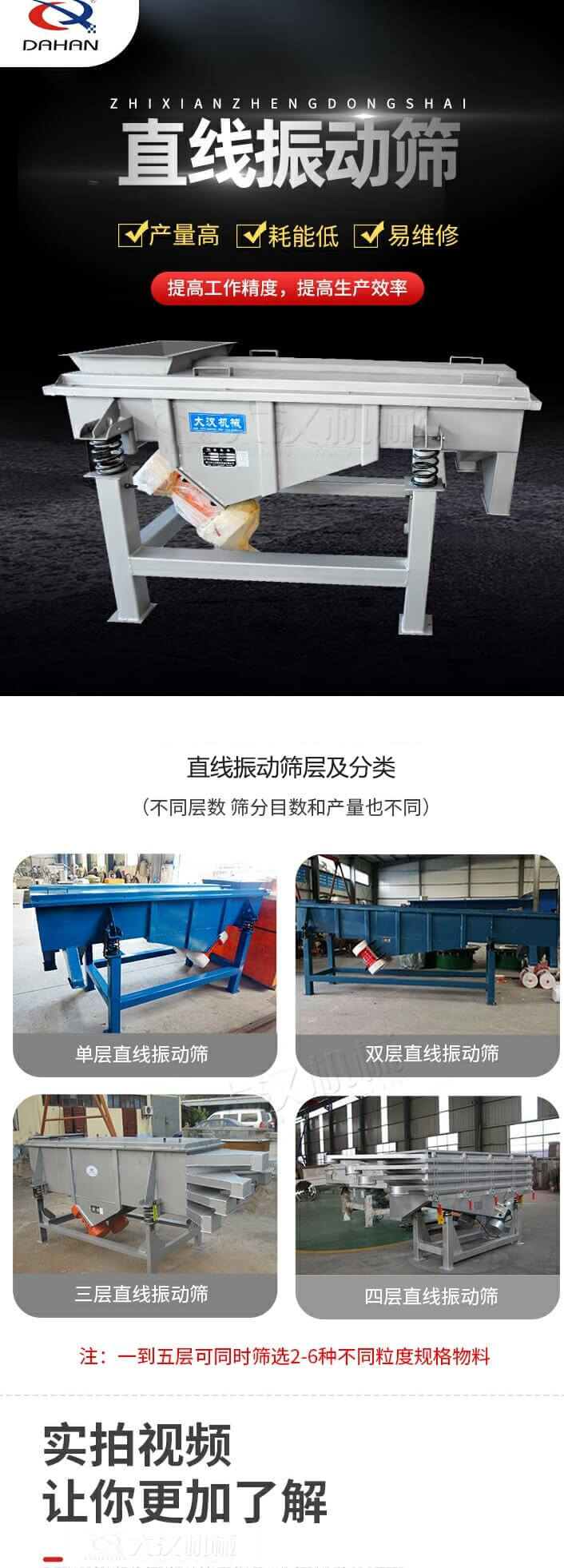直線振動篩概述，產量高，耗能低，易維修，提高工作精度，提高生產效率，直線振動篩層級分類：不同層數，篩分目數和產量也不同：單層，雙層，三層，四層等。