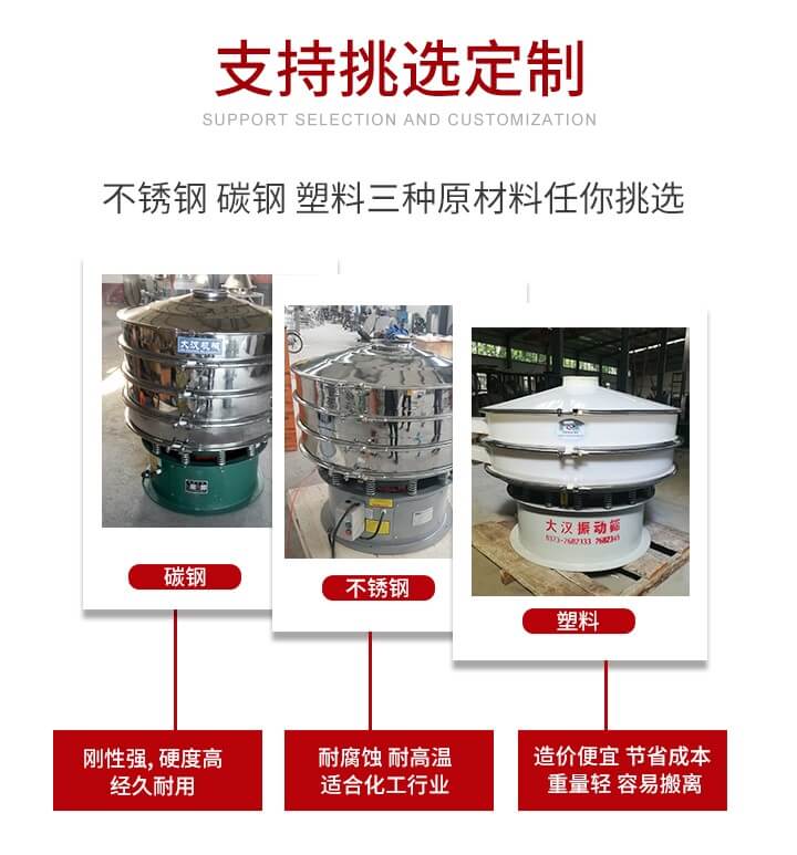 旋振篩可配置一到四層的篩網(wǎng)。旋振篩的篩分效率高，篩分精度高，篩分率高達(dá)96%。