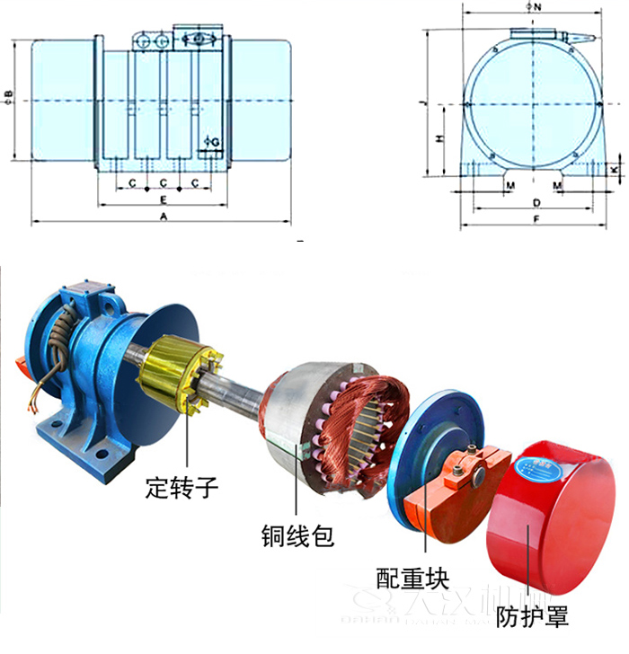 YZS振動(dòng)電機(jī)內(nèi)部主要部件:定轉(zhuǎn)子,銅線包,配重塊,防護(hù)罩。